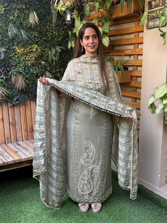 Unstitched suit crafted in rich tissue shimmer fabric