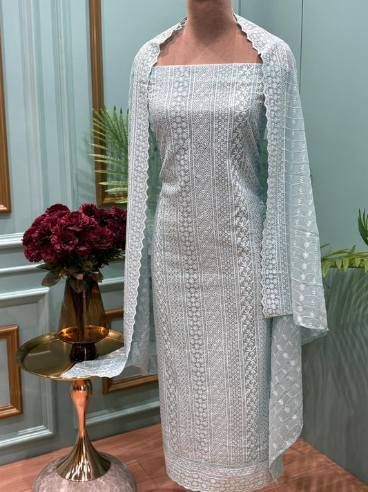 Unstitched suit crafted in flowy georgette fabric