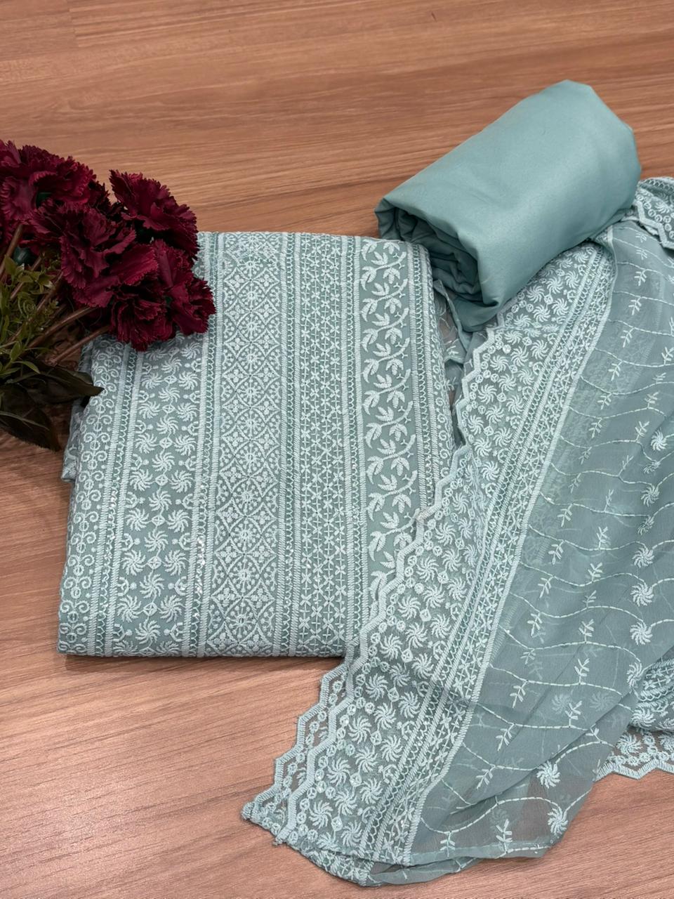 Unstitched suit crafted in flowy georgette fabric