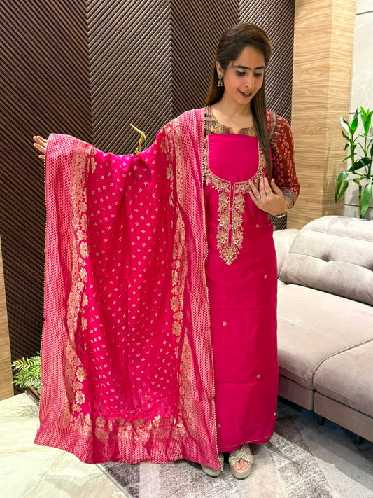 Luxurious Chanderi silk unstitched suit set