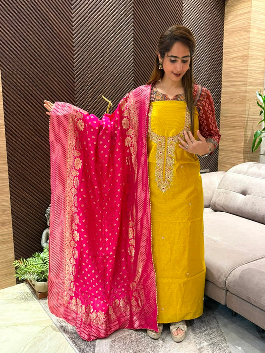Luxurious Chanderi silk unstitched suit set