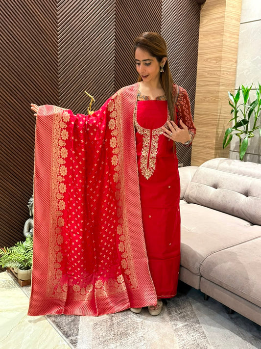 Luxurious Chanderi silk unstitched suit set