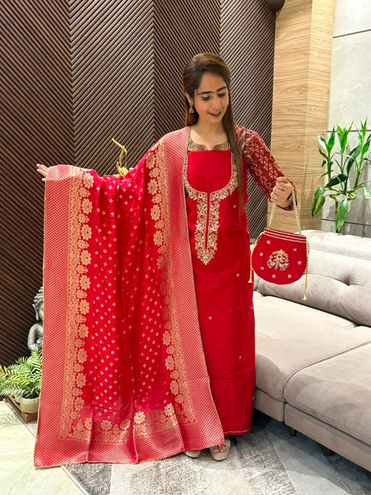 Luxurious Chanderi silk unstitched suit set