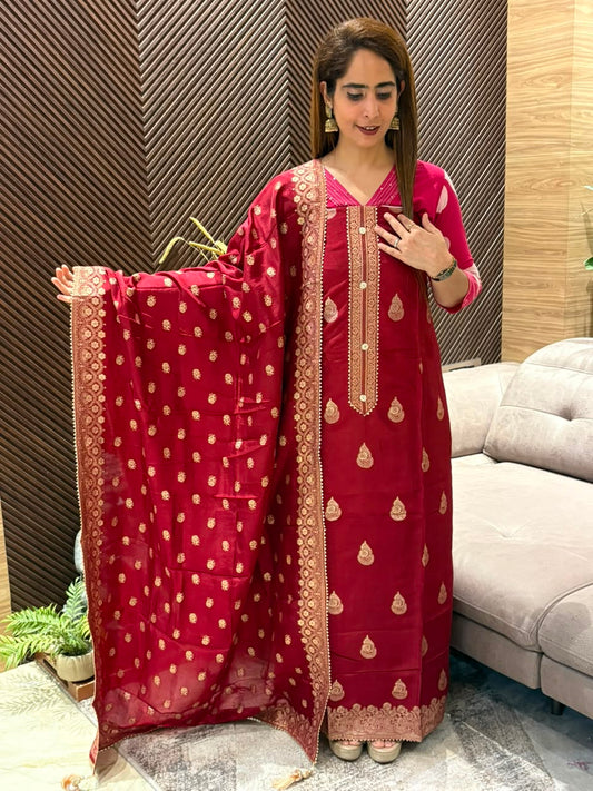 Elegant unstitched Banarasi silk suit