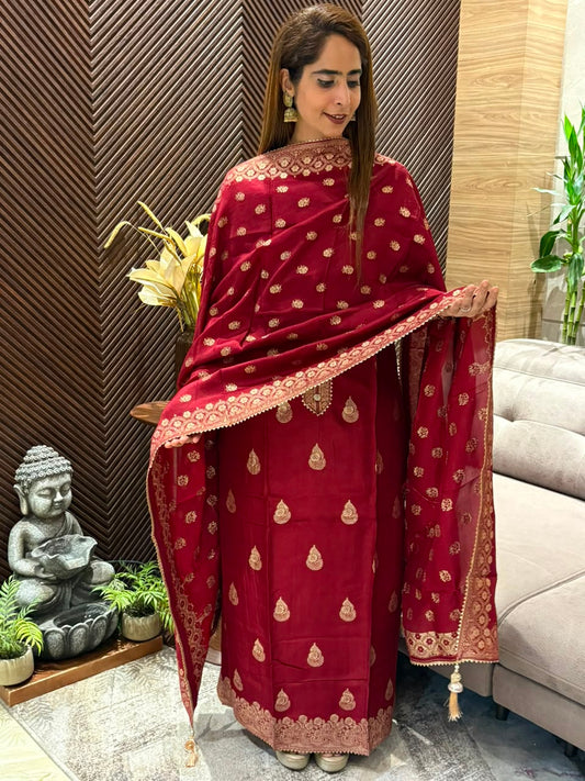 Elegant unstitched Banarasi silk suit