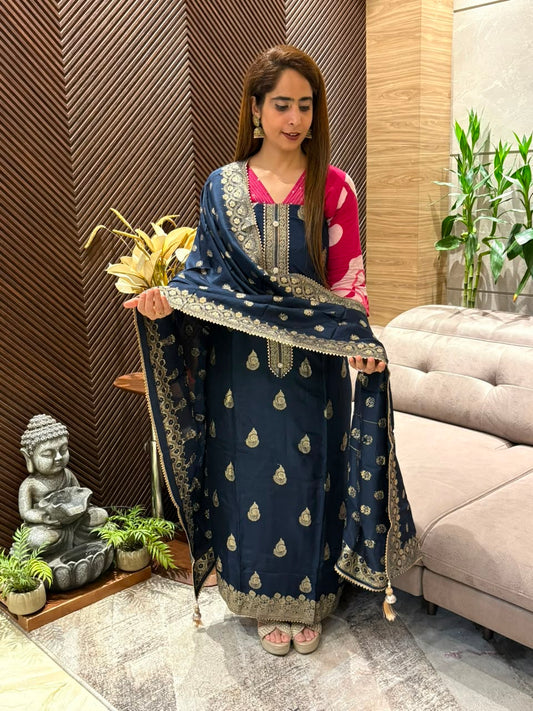 Elegant unstitched Banarasi silk suit