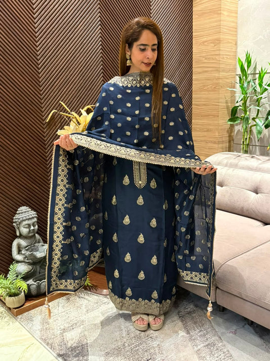 Elegant unstitched Banarasi silk suit