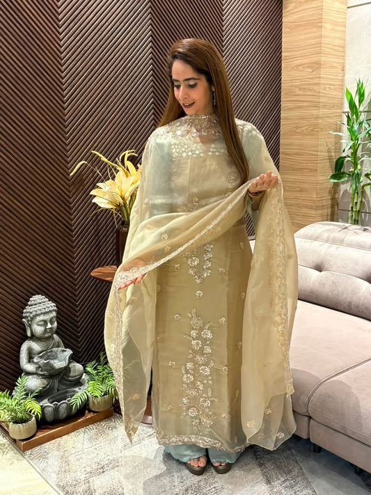 Luxurious tissue organza unstitched suit