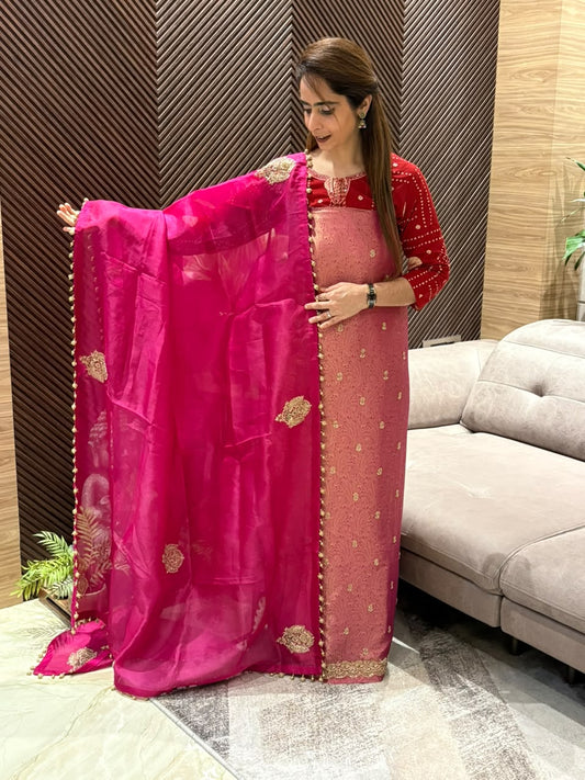 Stunning Kanchivaram silk unstitched ensemble