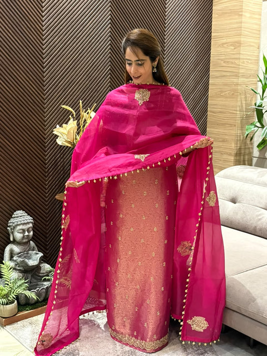 Stunning Kanchivaram silk unstitched ensemble