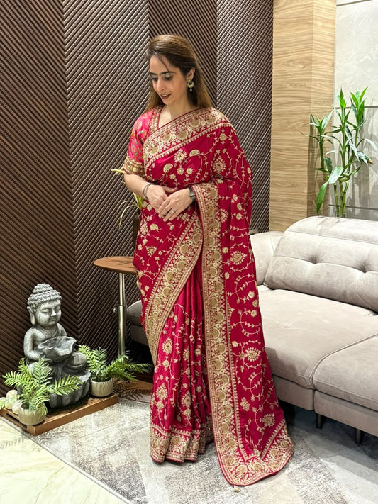 Cherry red shade stunning running saree