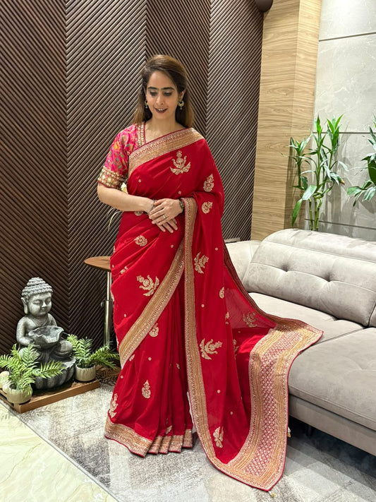 Luxurious raw silk red saree