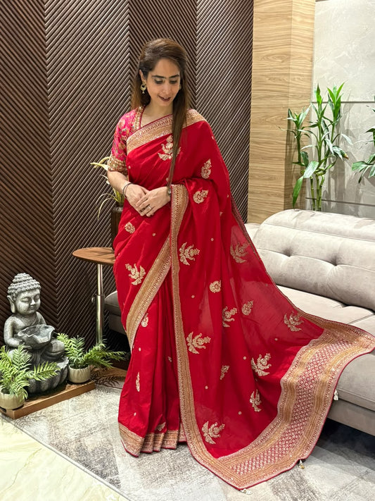 Luxurious raw silk red saree