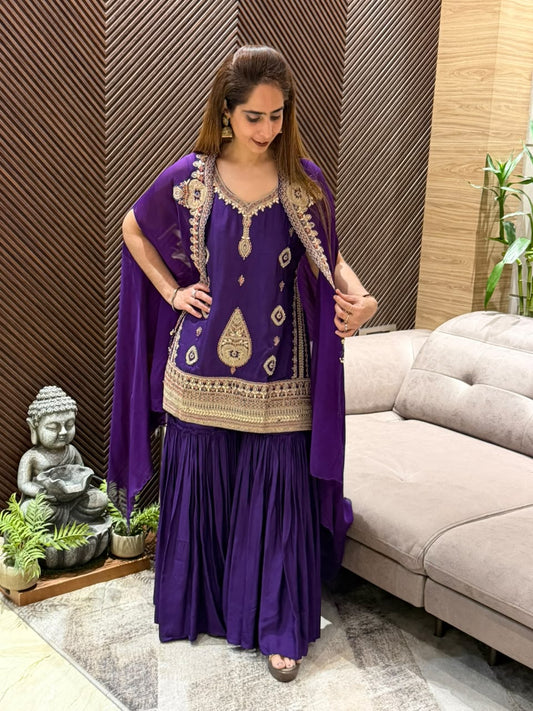 Stunning purple Kurta Cape & Sharara Set