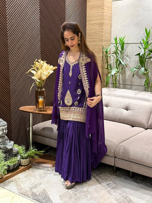 Stunning purple Kurta Cape & Sharara Set