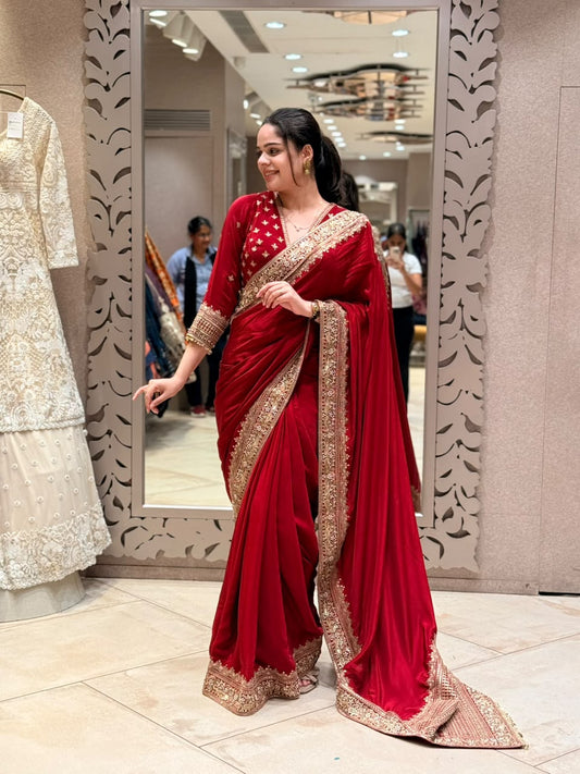 Luxurious modal satin red running saree