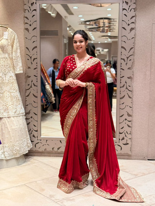 Luxurious modal satin red running saree