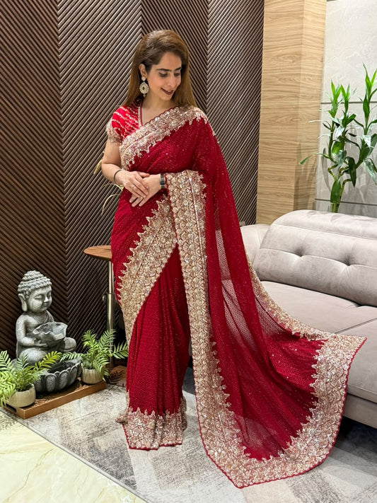 Stunning maroon Georgette running saree