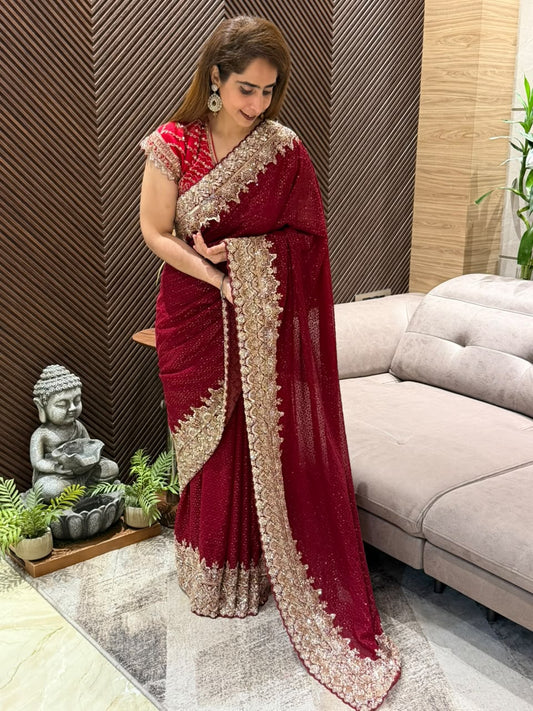 Stunning maroon Georgette running saree