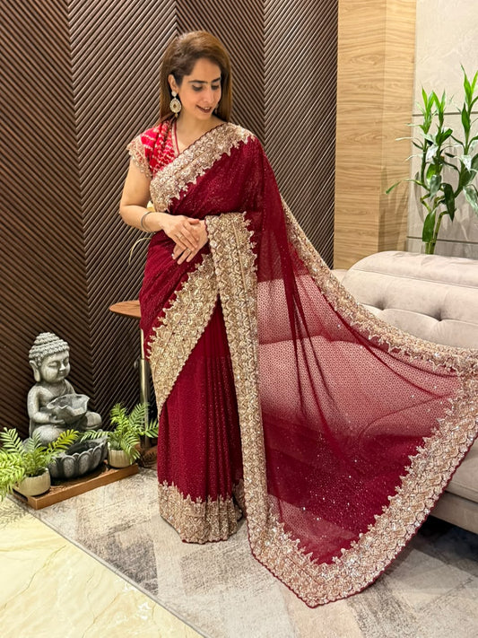 Stunning maroon Georgette running saree