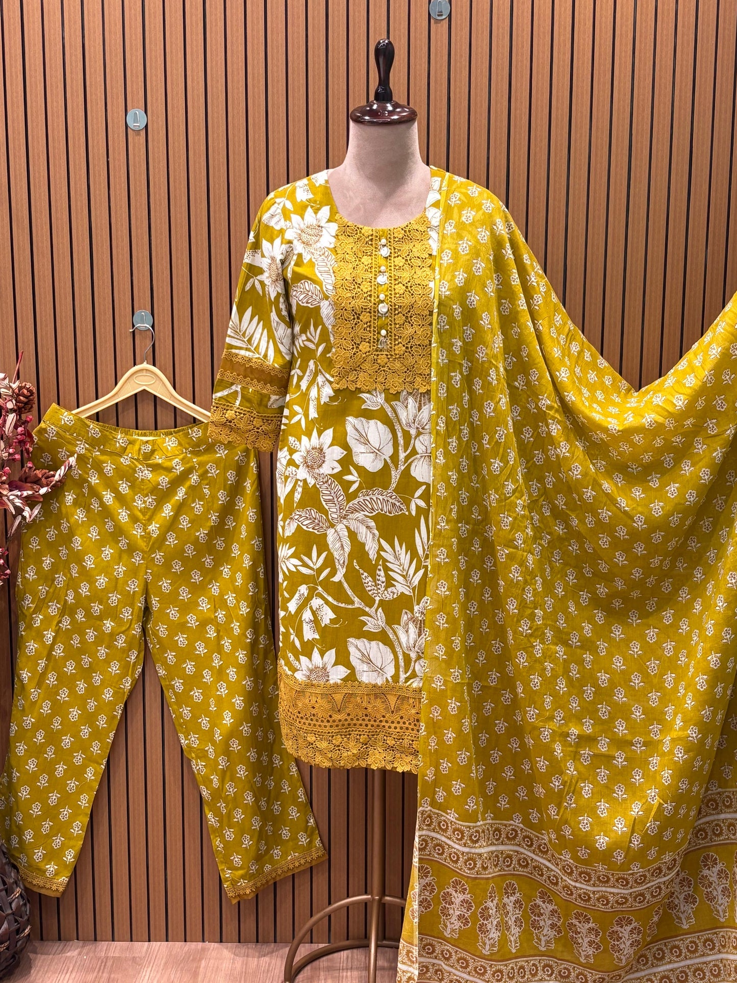 Embrace festive charm with this mustard floral print suit