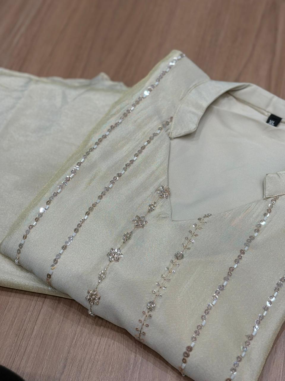 Elegant short kurti in premium tissue shimmer with intricate handwork