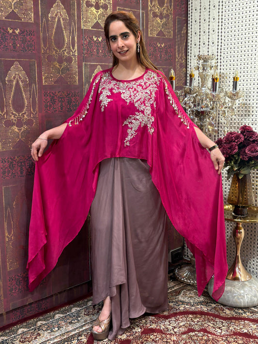 Elegant crop top with dhoti skirt and flowing cape