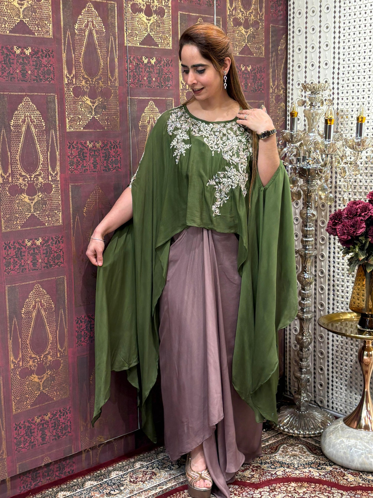 Elegant crop top with dhoti skirt and flowing cape