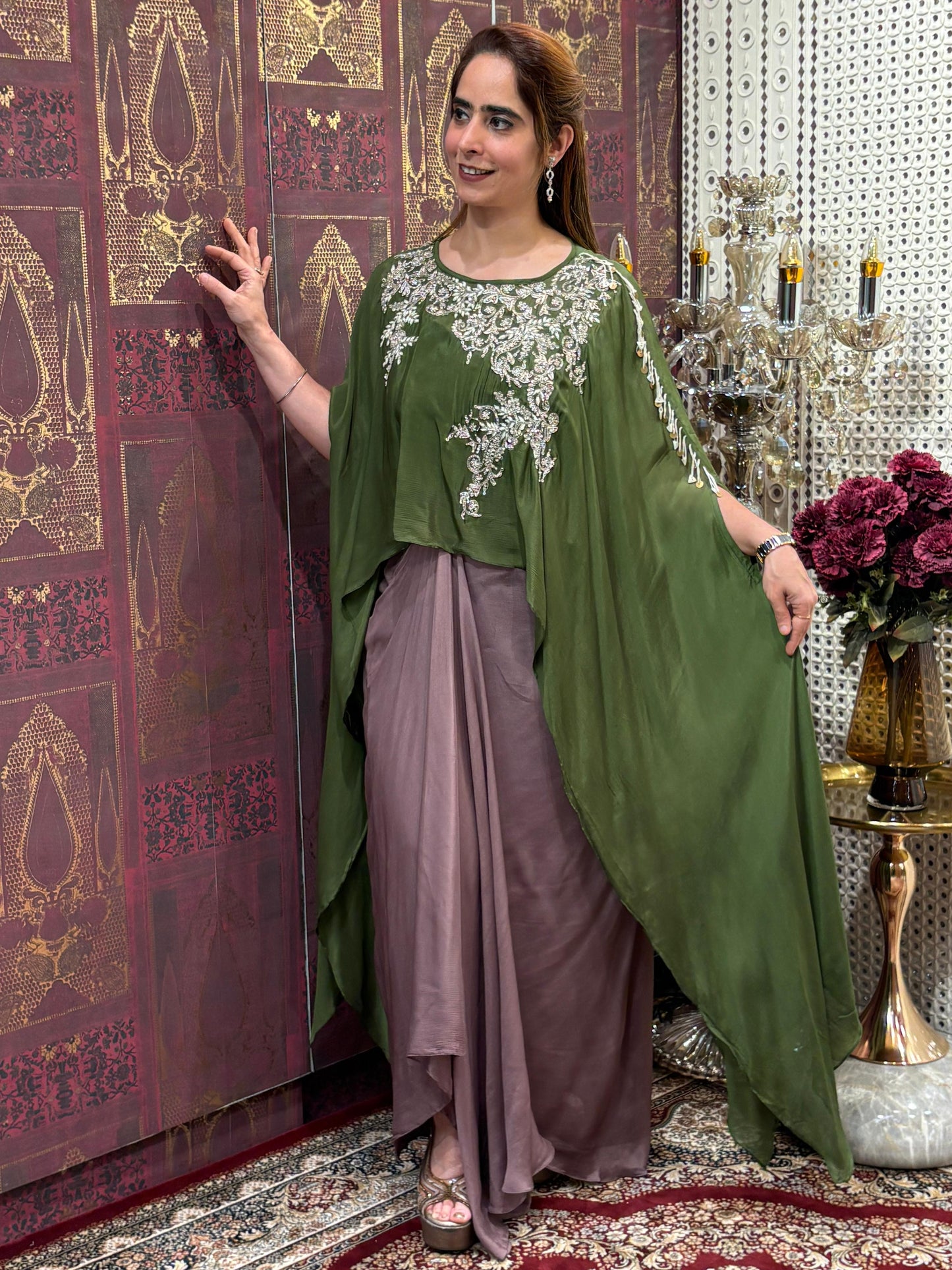 Elegant crop top with dhoti skirt and flowing cape