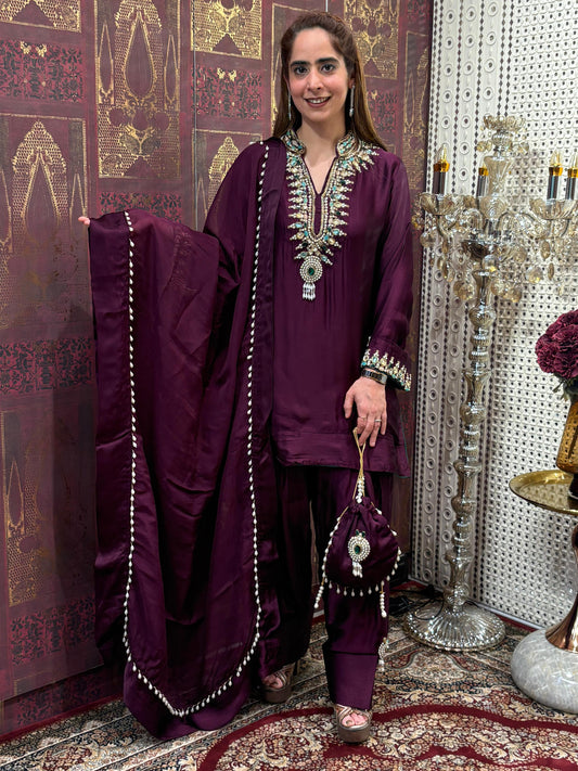 Elegant short kurta set is crafted in luxurious satin crape fabric
