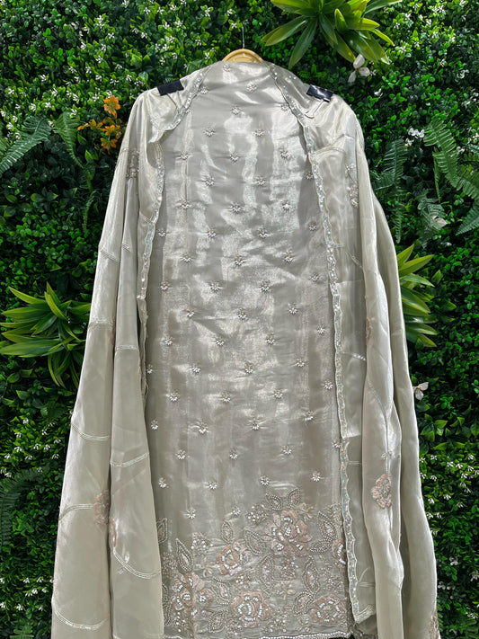 Unstitched Organza Shimmer Designer Suit with Gota & Mirror Work