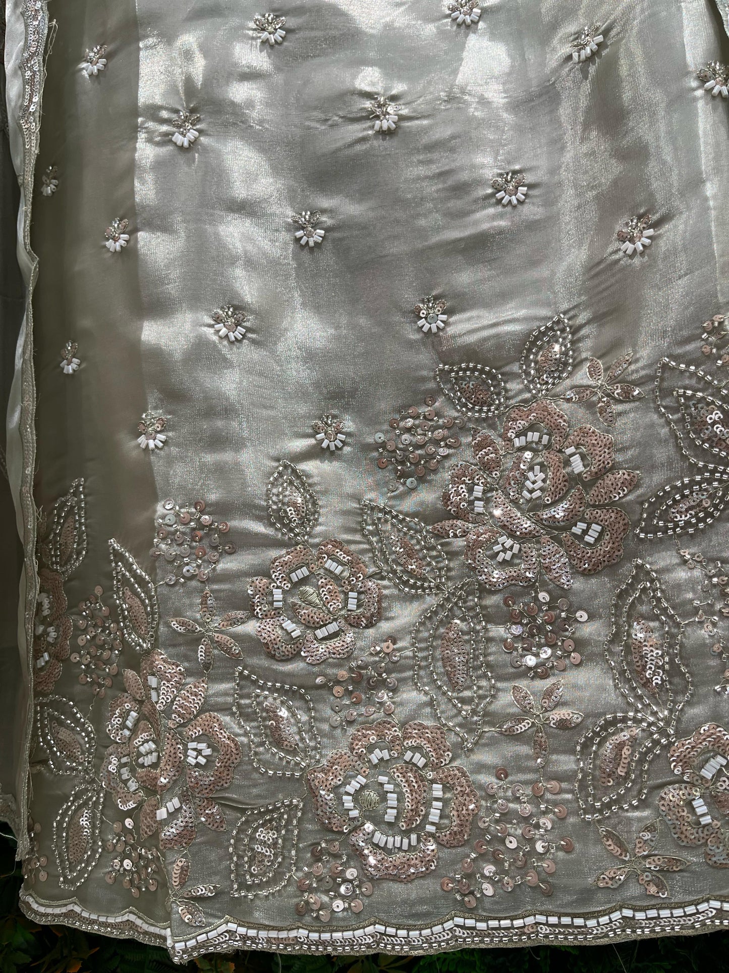 Unstitched Organza Shimmer Designer Suit with Gota & Mirror Work