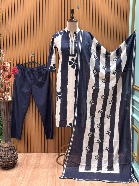 Chic navy and white suit set showcases a floral striped kurta