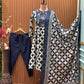 Elegant navy blue and cream suit set is a statement in timeless prints
