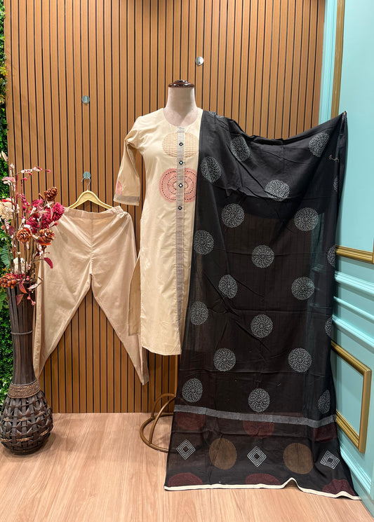 Trending outfit features a beige kurti with geometric embroidery