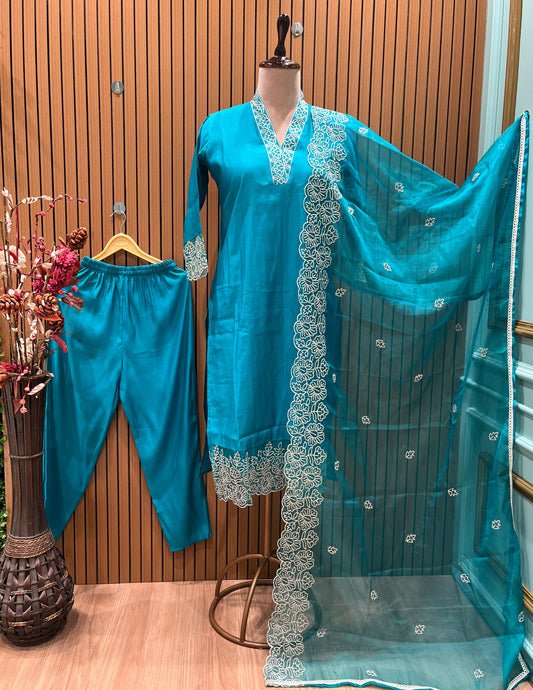 Stunning turquoise salwar suit features delicate white floral embroidery