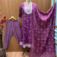 Vibrant purple ethnic set showcases intricate white thread embroidery