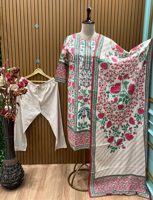 This trending outfit features a floral-printed stitched three-piece suit