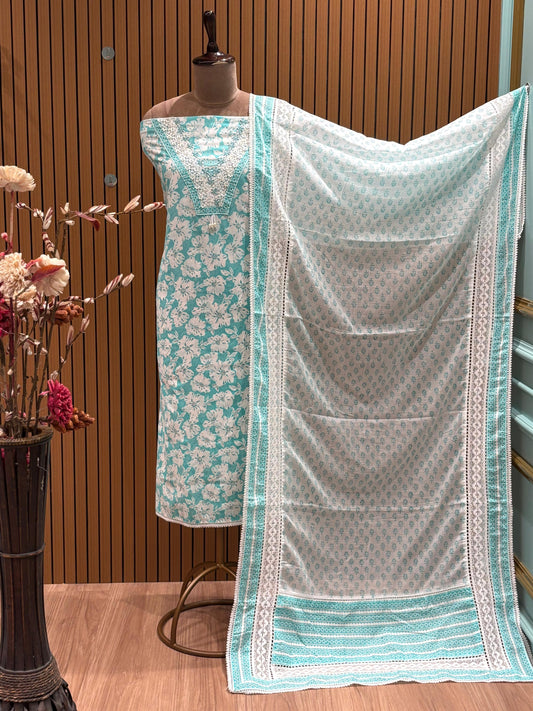 Elegant Turquoise Unstitched Cotton Suit – 3 Piece Set