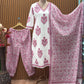 Elegant white cotton kurta set with pink floral block