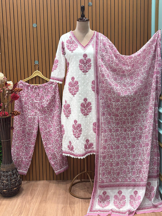 Elegant white cotton kurta set with pink floral block