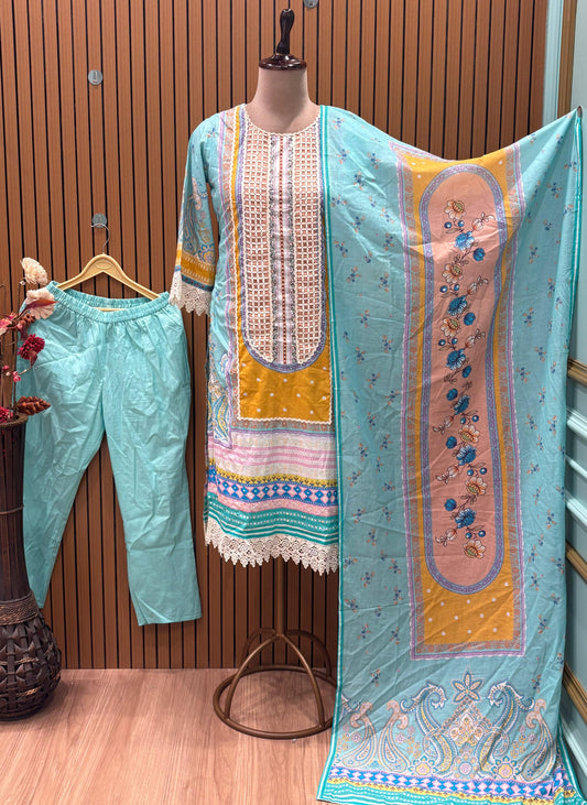 Pastel Aqua Printed Suit Set