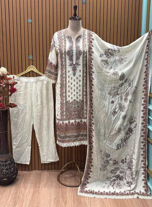 Elegant Off-White Printed Suit Set