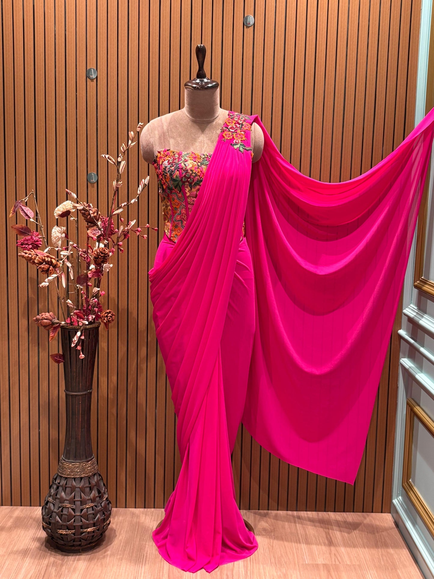 Corset Blouse with Fuchsia Lycra draped Saree