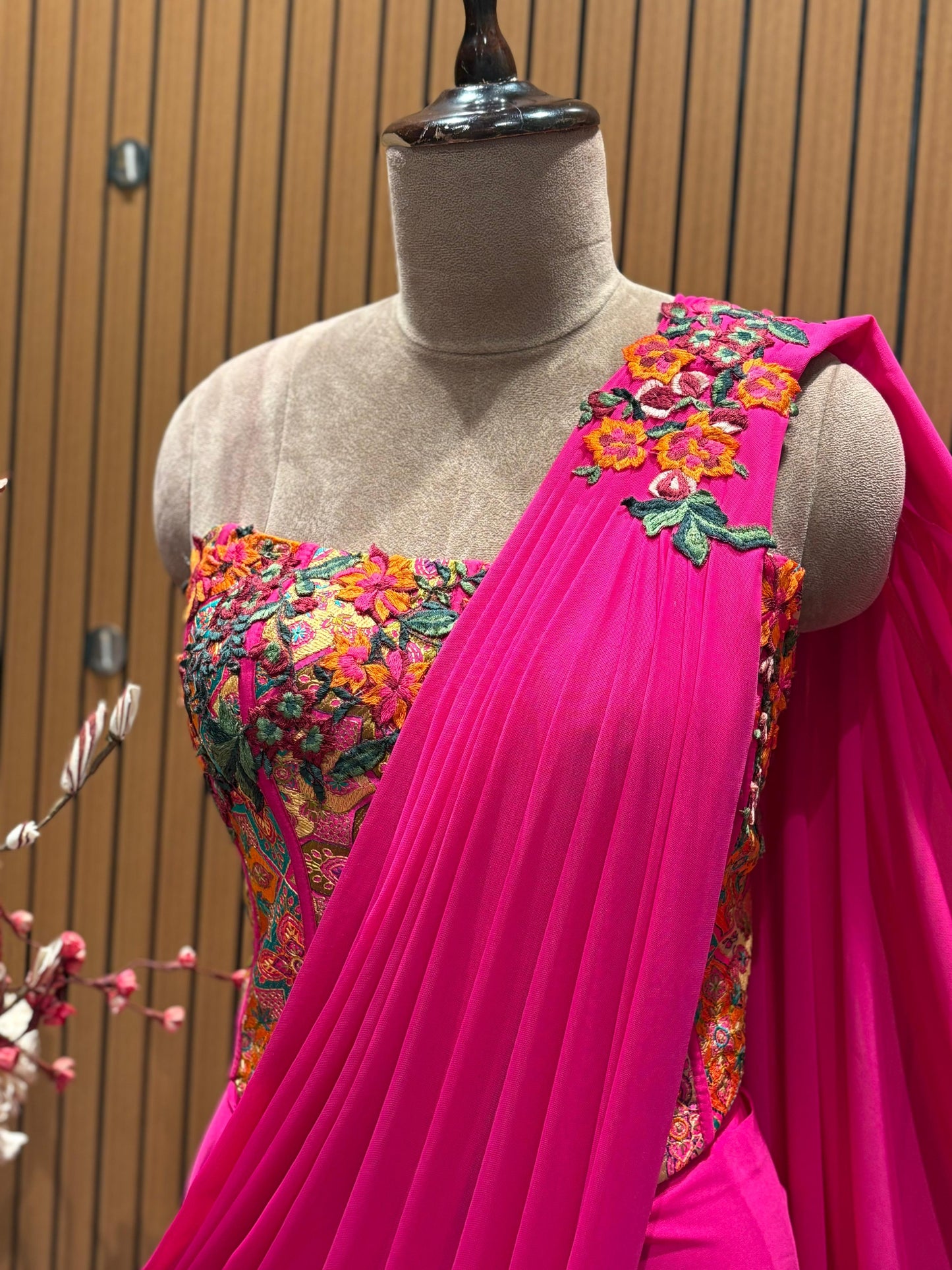Corset Blouse with Fuchsia Lycra draped Saree