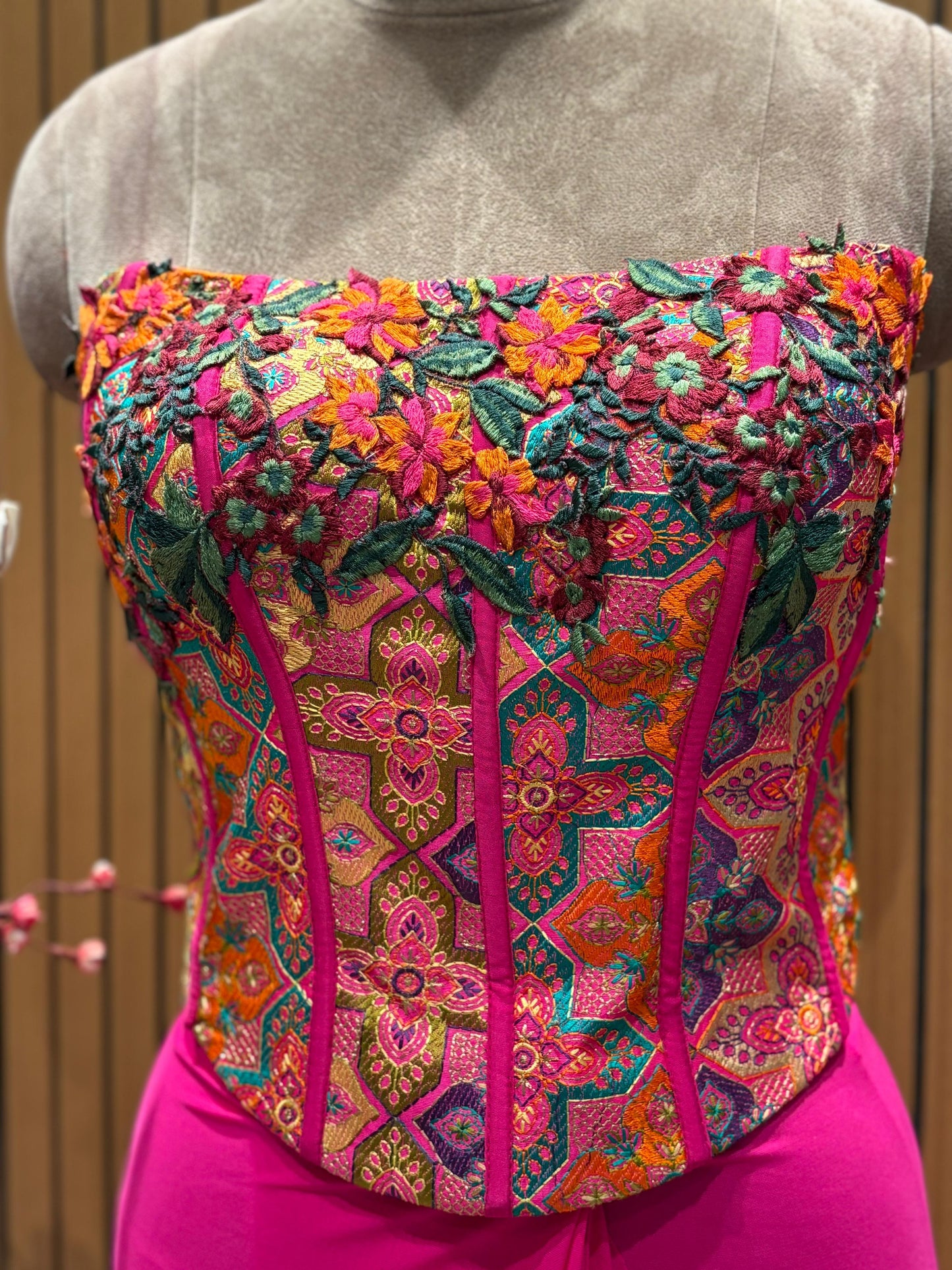 Corset Blouse with Fuchsia Lycra draped Saree