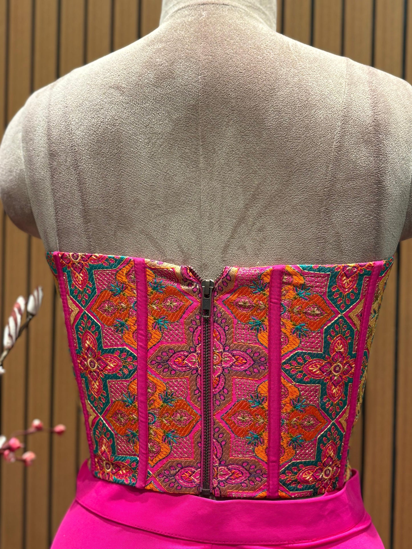 Corset Blouse with Fuchsia Lycra draped Saree