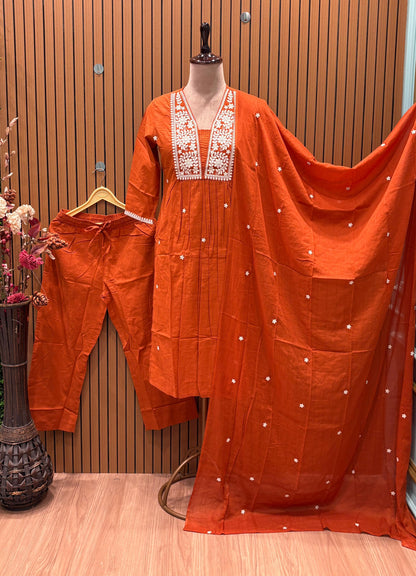 Elegant 3-piece stitched suits in rich rust and burnt orange shades