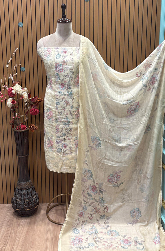 Elegant Linen Cotton with Organza Patch & Embroidery