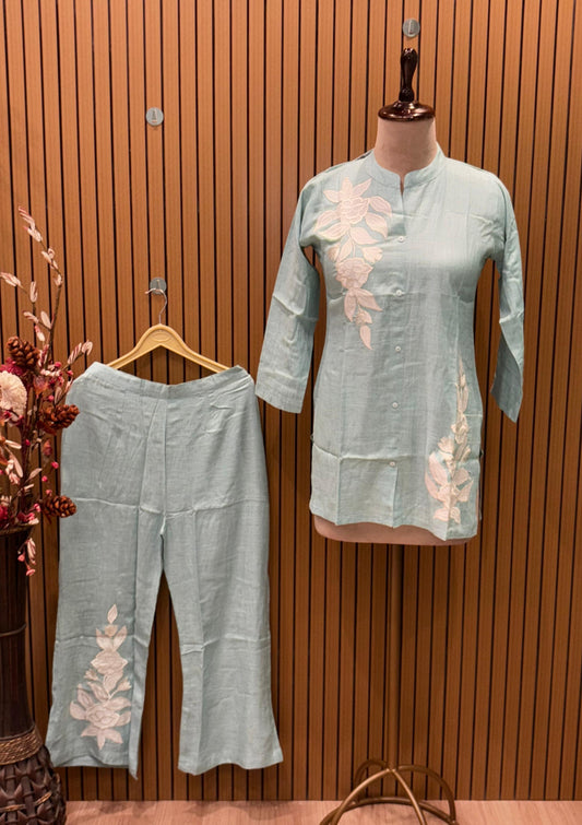 pastel co-ord sets feature minimal floral appliqué